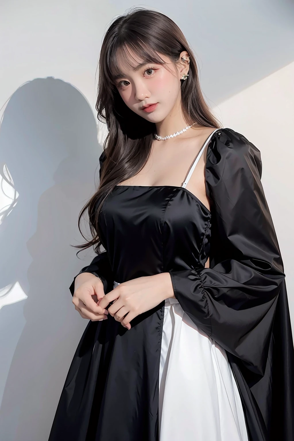 1girl, black formal long dress,white background, <lora:Wonderframe-04:1>