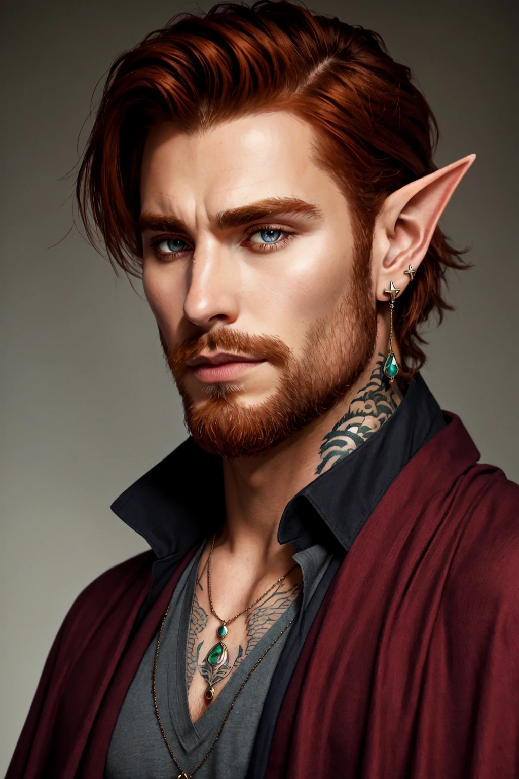 Tanis Half-Elven, solo, looking at viewer, pointy ears, half-elf, auburn hair, shirt, 1boy, jewelry, cape, upper body, male focus, earrings, necklace, grey eyes, tattoo, facial hair, portrait, beard, mature male, brown tunic, fantasy painting, <lora:Tanis_HalfElven:0.5>