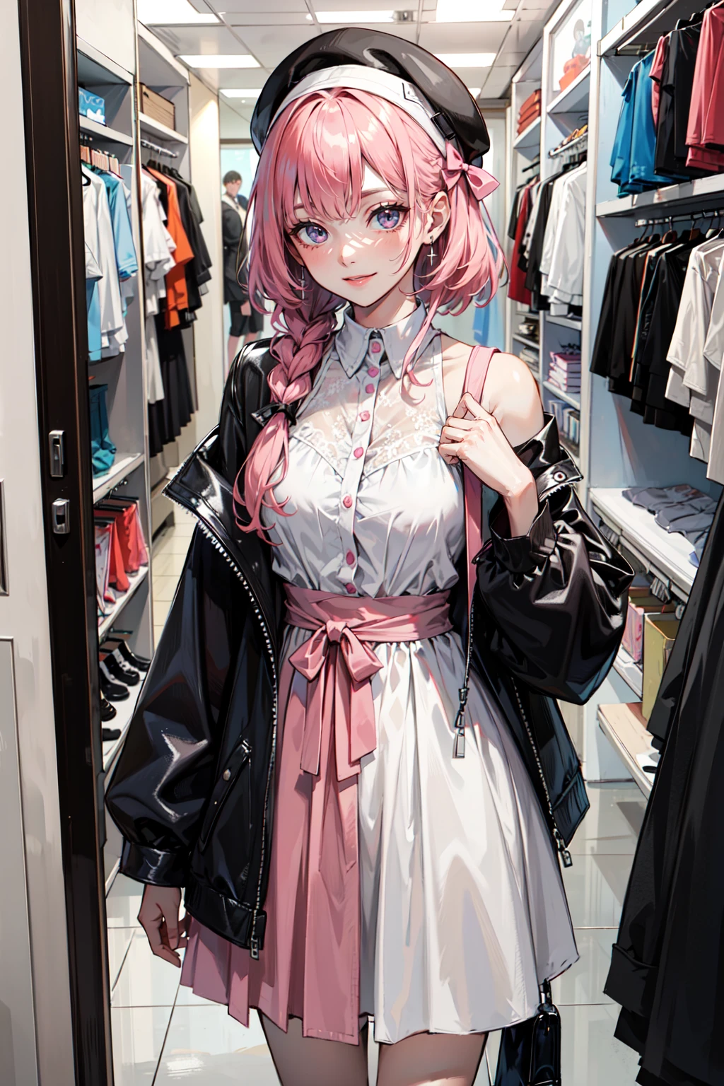((best quality, masterpiece, absurbres, super-resolution)) two best friends, hanging out in a clothing store, trying on clothes, fashionable dresses, pink store