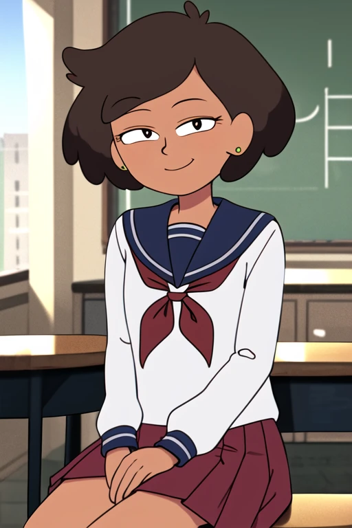 masterpiece, best quality, <lora:mrs_boonchuy:0.8> 1girl, solo, brown hair, short hair, earrings, dot pupils, looking at viewer, smile, dark skin, indoors, classroom, sitting on table, serafuku, sailor collar, red neckerchief, blue skirt,