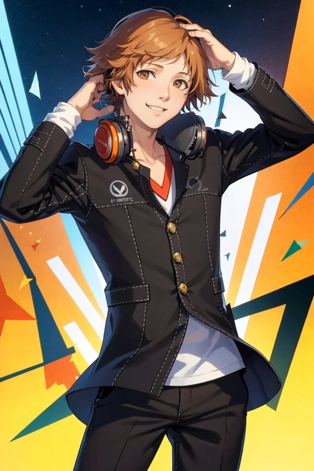 masterpiece, best quality, solo, 1boy, smile, looking at viewer, <lora:Yosuke_Fp_1:1>, yosukep4, school uniform, headphones, pants, hand on head,