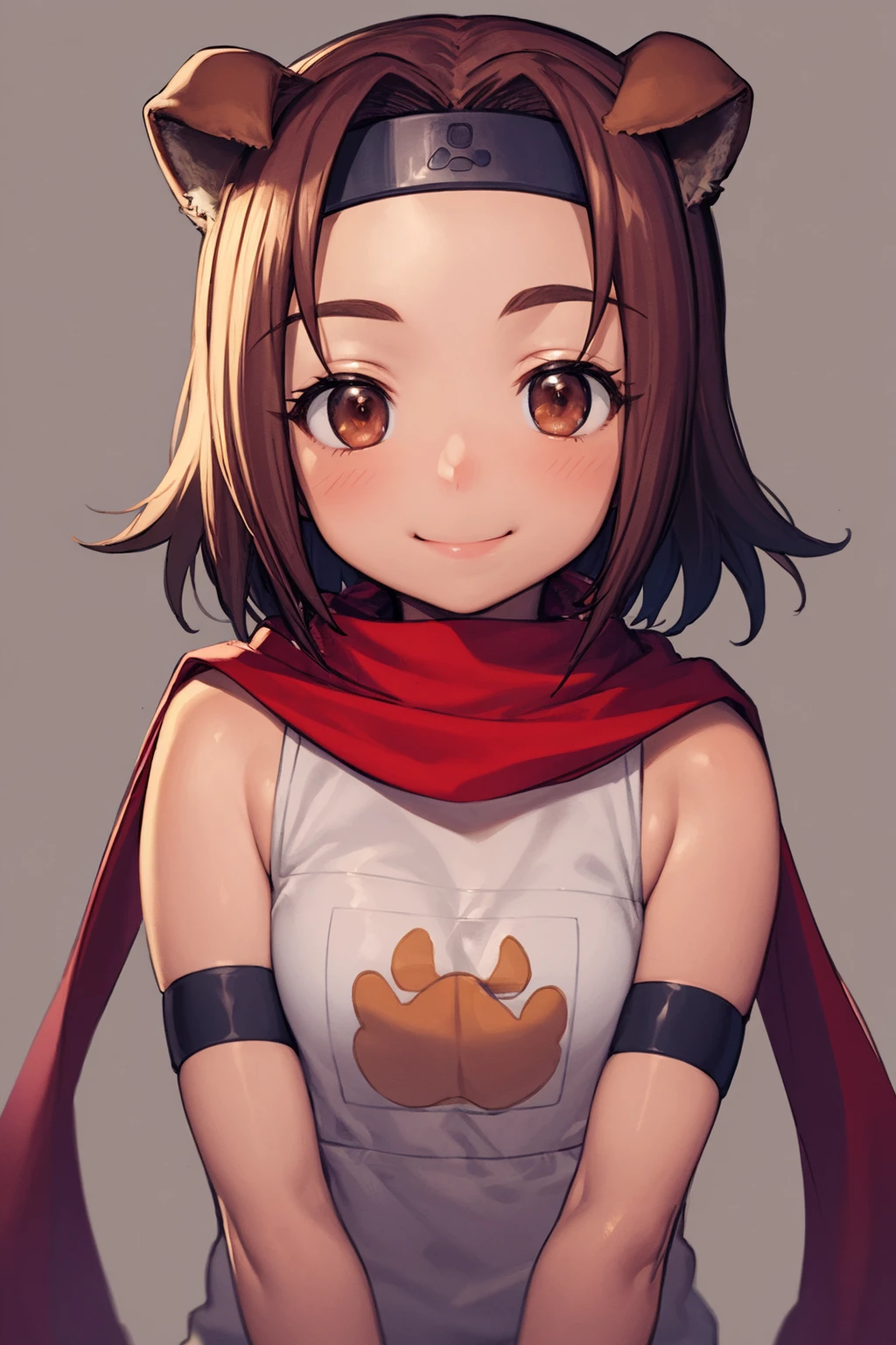 masterpiece, best quality, 1girl, konoha, brown hair, brown eyes, headband, animal ears, red scarf, upper body, smile, sketch, looking at viewer, solo, simple background <lora:Konoha:1>