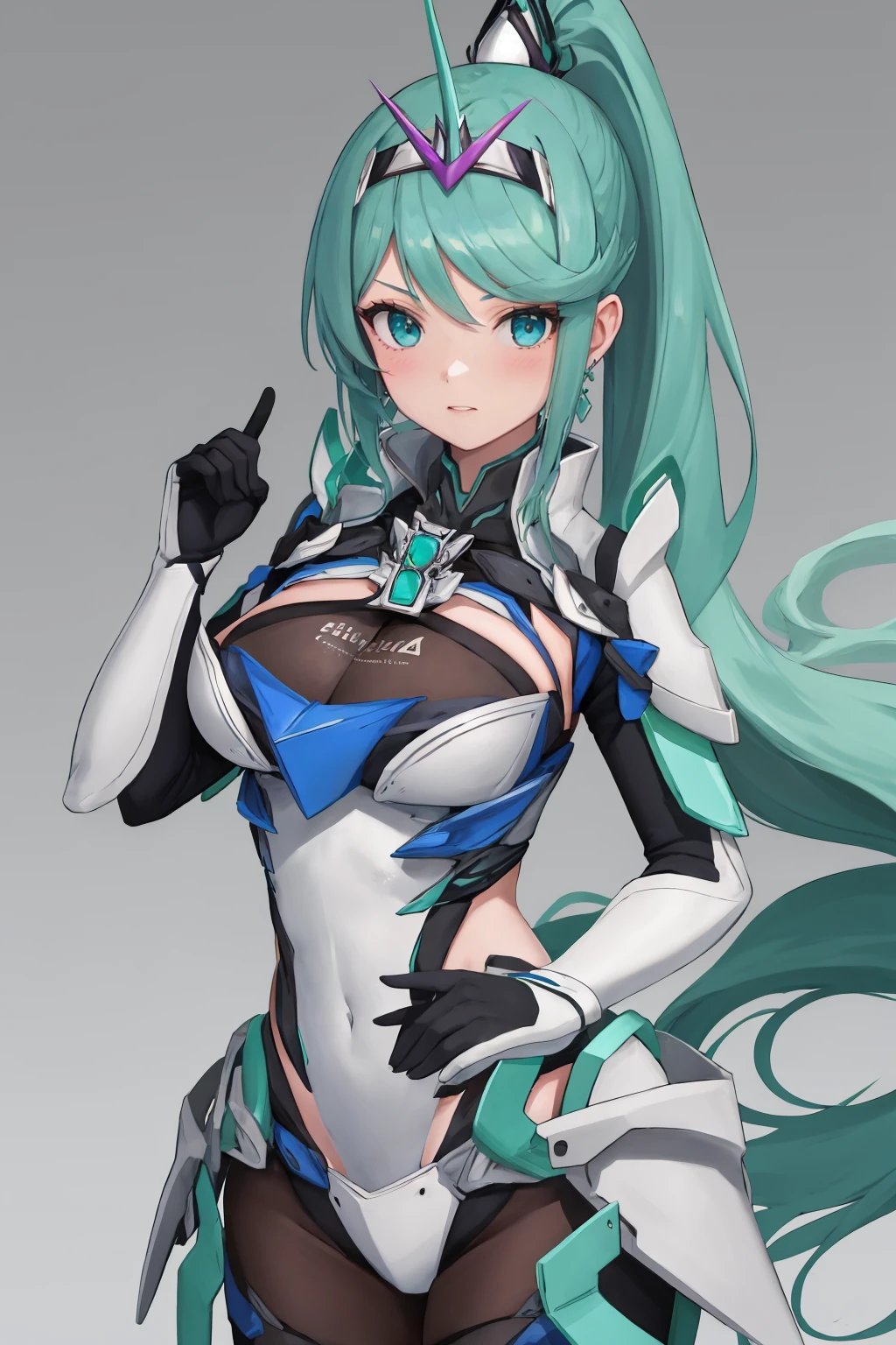 masterpiece, best quality, 1girl, solo, <lora:pneuma-xb-richy-v1:1> pneumadef, tiara, earrings, chest jewel, armor, gloves, pontail