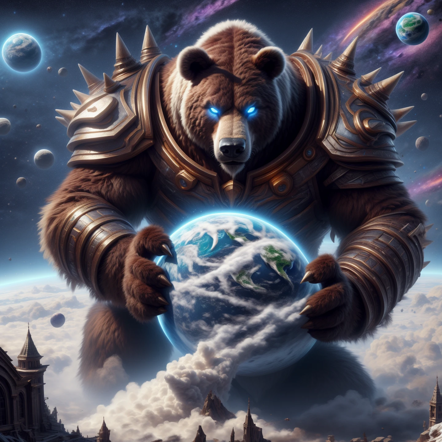 space, starry sky, moonbeam, apocalypse, planet, earth, eruption, explosion, macrobear, upper body, high-angle view, front view, bear, giant, macro, terra macro, detailed fur, blue eyes, glowing eyes, broad shoulders, big chest, claws, animal ears, bear ears, big arms, shoulder armor, spikes, shoulder spikes, chest armor, crush, planet destruction, hands on planet, hand on planet, holding planet, looking at object, asteroid, leaning forward
<lora:macro_bear_V3_final-000037:1>, (by lindong, by grisser, by markwulfgar, by dramamine), photorealistic, hyperrealistic, ultradetailed,, digital drawing (artwork), raytracing, 4K UHD, high detail, vibrant,dark fantasy, raytracing, detailed background, realistic, detailed, extremely detailed CG unity 8k wallpaper, unreal engine, realism, beautiful and detailed lightning,