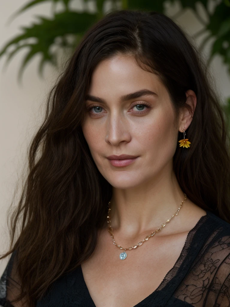 Realistic photo of a beautiful c4rr134 woman,1girl,solo,long hair,looking at viewer,brown hair,dress,brown eyes,jewelry,sitting,flower,necklace,black dress,lips,chair,ring,cross,plant,freckles,realistic,soft lighting, professional Photography, Photorealistic, detailed, RAW, analog, sharp focus, 8k, HD, high quality, masterpiece<lora:c4rr134:1.0>