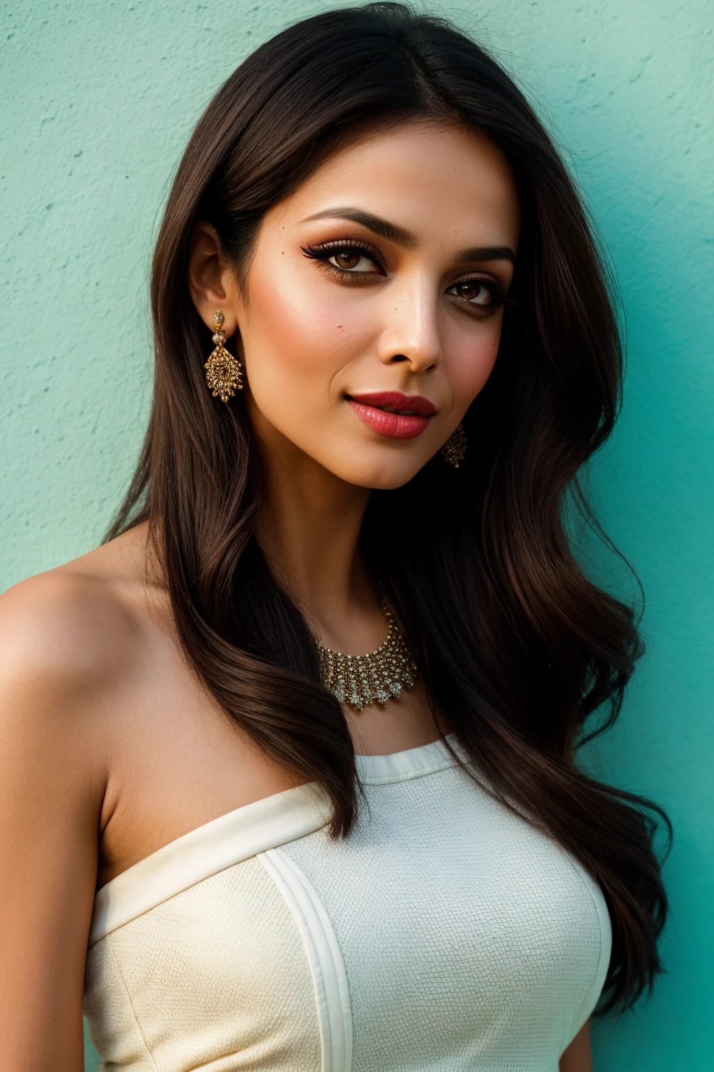 photo of (EPM4l41k44r0r4:0.99), closeup portrait, perfect hair, (modern photo, high-low hem dresses with contrasting colors or patterns on the top and bottom), 24mm, (analog, cinematic, film grain:1.3), ((mosques, plaster, sunlight, wall grazing, gradient:1.1)), ((detailed eyes)), ((eyeliner, long lashes)),(epicPhoto), long eyelashes, (perfect waist), (painted lips)