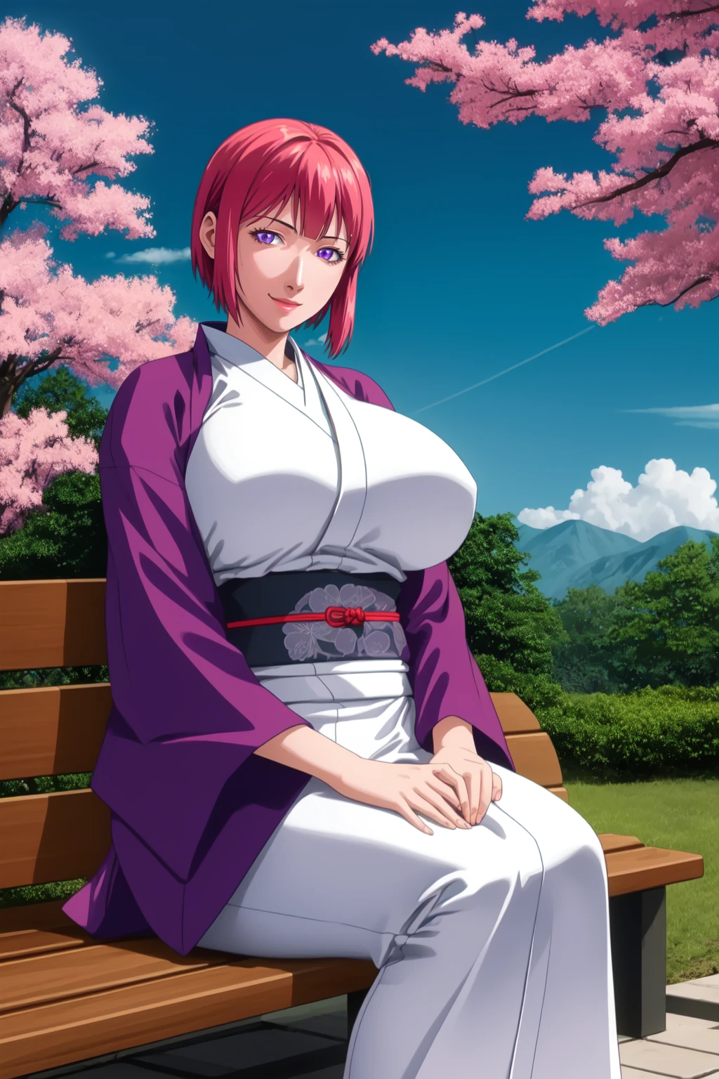 (high quality:1.2), intricate detailed, digital art,
takashiroshin, 1girl, (mature female:1.1), sitting on bench, full body,
looking at viewer, calm, happy,
purple eyes, short hair, pink hair,
purple (haori:1.1), white kimono, zouri, tabi,
curvy, huge breasts,
cherry blossom, park, sky,
<lora:TakashiroShin:0.85>
