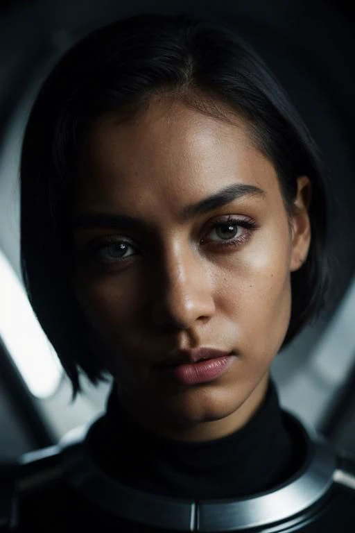 PA7_Portrait-MS, epiCRealism, woman, dark skin, over shoulder, beautiful eyes, short hair, black hair, crystal clear, wearing scifi suit, avant-garde, LatexTech, high-tech, serious, expressive portrait, space ship cockpit, dim light, cinematic lighting, volumetric lighting, film grain