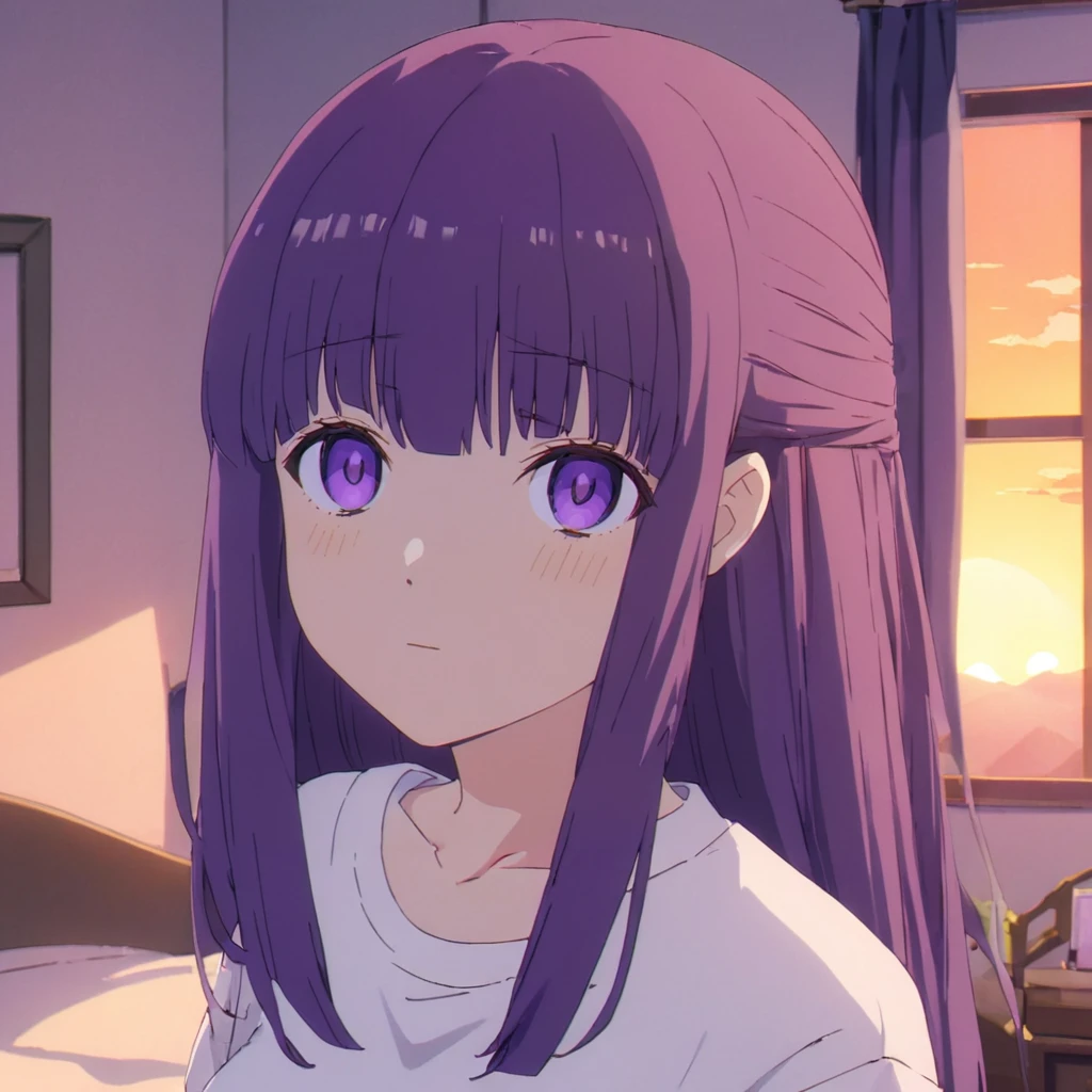 A tv anime of a woman with purple eyes and hair wearing a cozy t-shirt in a bedroom with sunset light <lora:fern_xl-000050:1>