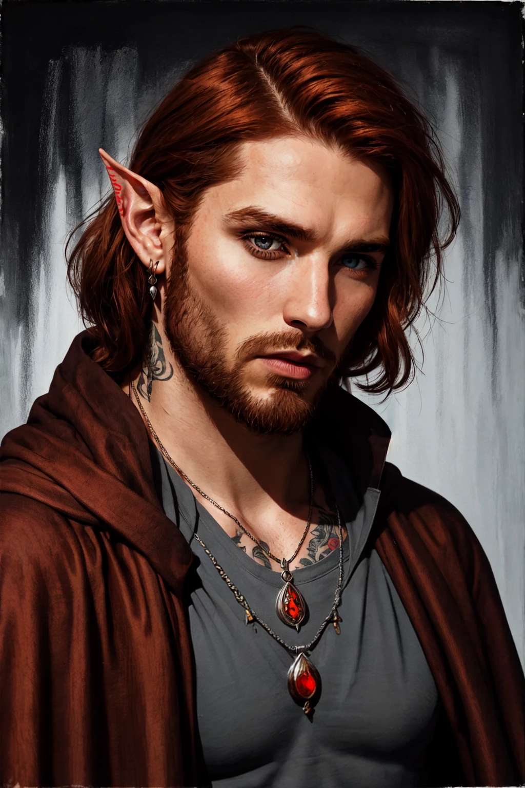 Tanis Half-Elven, solo, looking at viewer, pointy ears, half-elf, auburn hair, shirt, 1boy, jewelry, cape, upper body, male focus, earrings, necklace, grey eyes, tattoo, facial hair, portrait, beard, mature male, brown tunic, fantasy painting, <lora:Tanis_HalfElven:0.5>