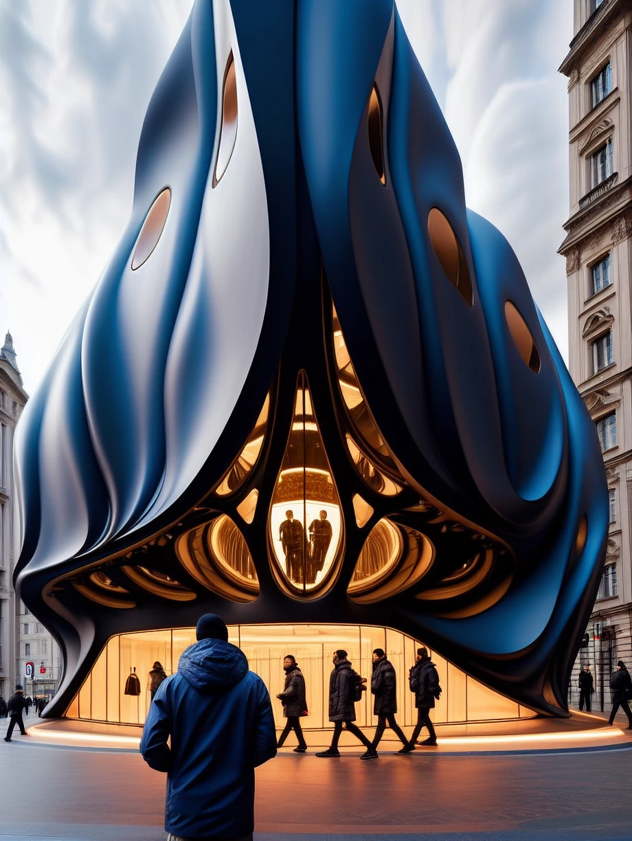 Arc architecture,1boy,male focus,monster,from behind,standing,hood,cloud,sky,jacket,hoodie,building,solo,cloudy sky,pants,black hair,city,black jacket,<lora:Justin_Arc_architecture_V105:0.8>,