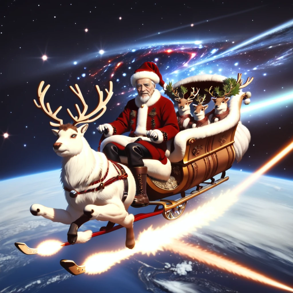 <lora:Atmosentrydeer_v1:0.5>, galaxy, space, fur-trimmed boots, fur-trimmed headwear, reindeer, old man, realistic, Atmospheric re-entry , sleigh, supernova