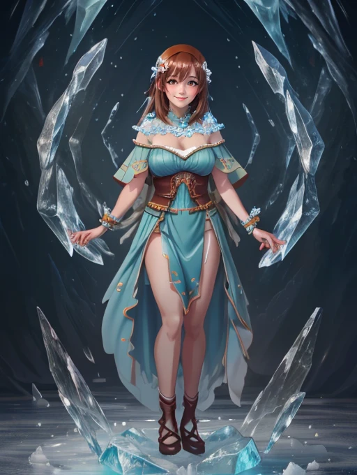 best quality, masterpiece, highres, detailed, digital artwork, <lora:Tools - add_detail:0.2>, IceElementCh, ice, blue theme, ice body:3, <lyco:Change - IceElementCh:0.8>, Mite, brown hair, orange eyes, pink hair ornament, <lora:Character - Mite:0.7>, smile, shy,