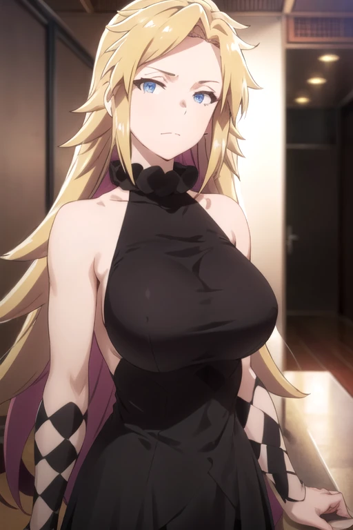 lumine \(genshin impact\), adult, tall, long messy hair, cute sulk expression, big breasts, strapless maid uniform, cleavage, Black denier 20 tights, leather shoes, colorful abstract geometrical shapes print, detailed clothes texture, BREAK, 1girl, masterpiece, standing, looking at viewer, indoors,