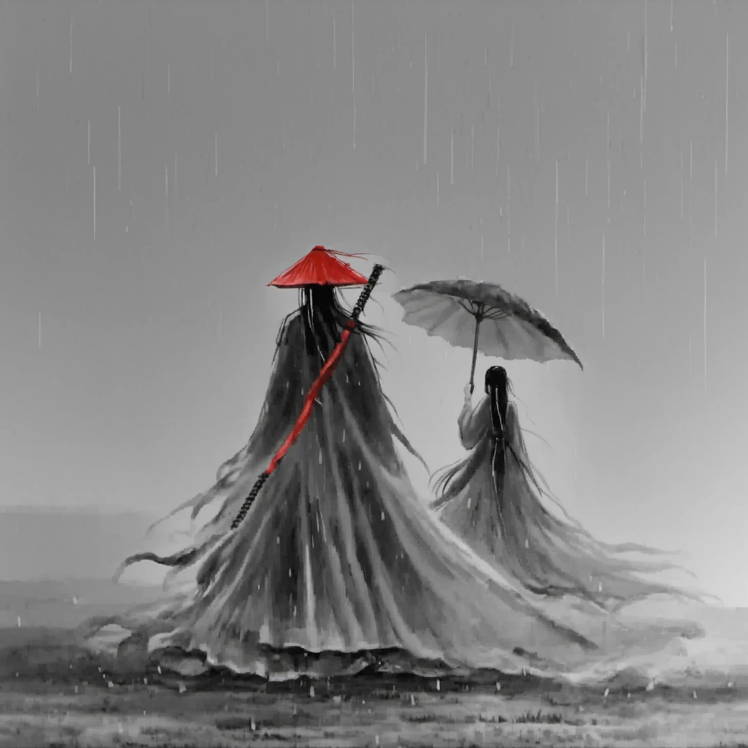 <lora:ink_xiakexing_xl:0.8>,1girl,red dress,dragon,ink painting,
ink painting,a man in coir raincoat holding an umbrella in the rain with a woman in the background walking in the rain,1girl,long hair,1boy,hat,standing,monochrome,weapon,greyscale,sword,from behind,letterboxed,cloak,black hair,male focus,katana,rain,weapon on back,ajirogasa,