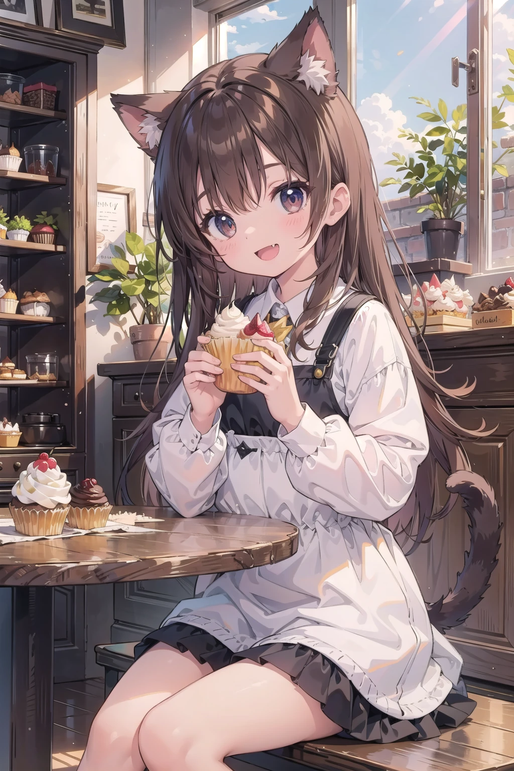 (masterpiece),  indoors,  bakery,  cupcake,  sitting,  table,  head tilt,  looking at viewer,  holding food,  sunlight,  1girl,  blush,  smile,  open mouth,  fang,  cat ears,  tail,  long hair,  light brown hair