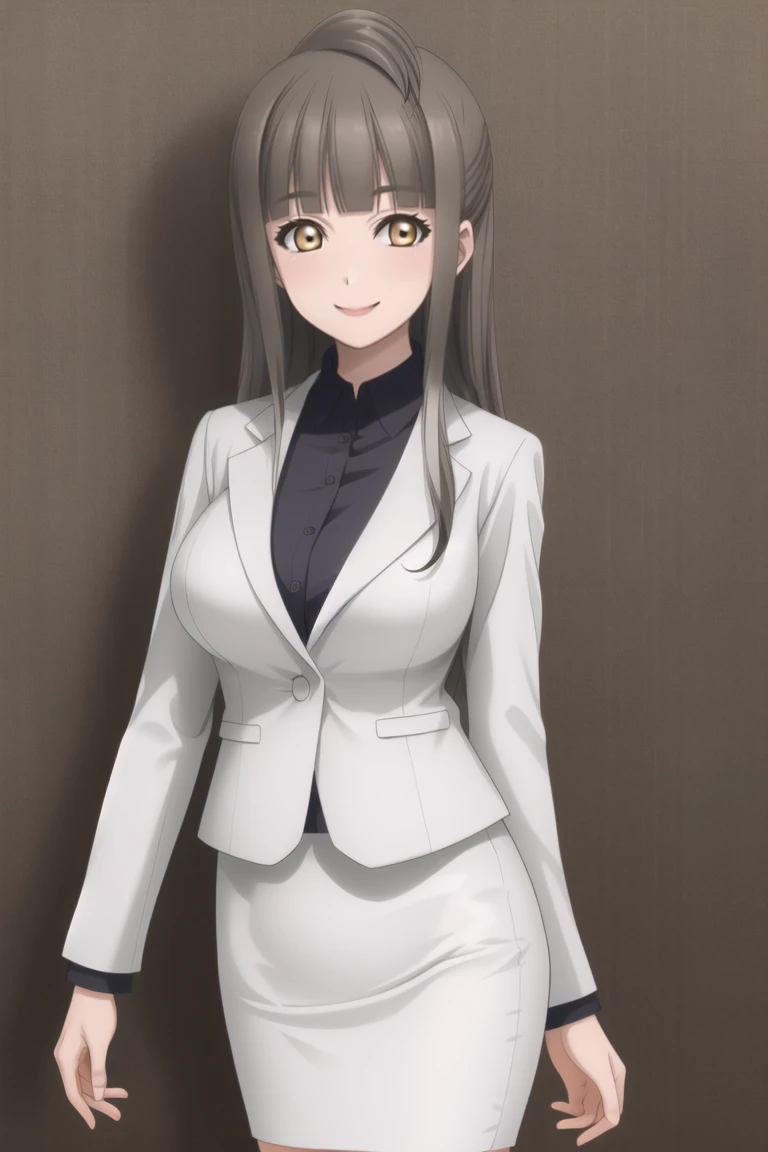 masterpiece, best quality, CG, wallpaper, HDR, high quality, high-definition, extremely detailed, minami kotoris mother, white pencil skirt, looking at viewer, smile