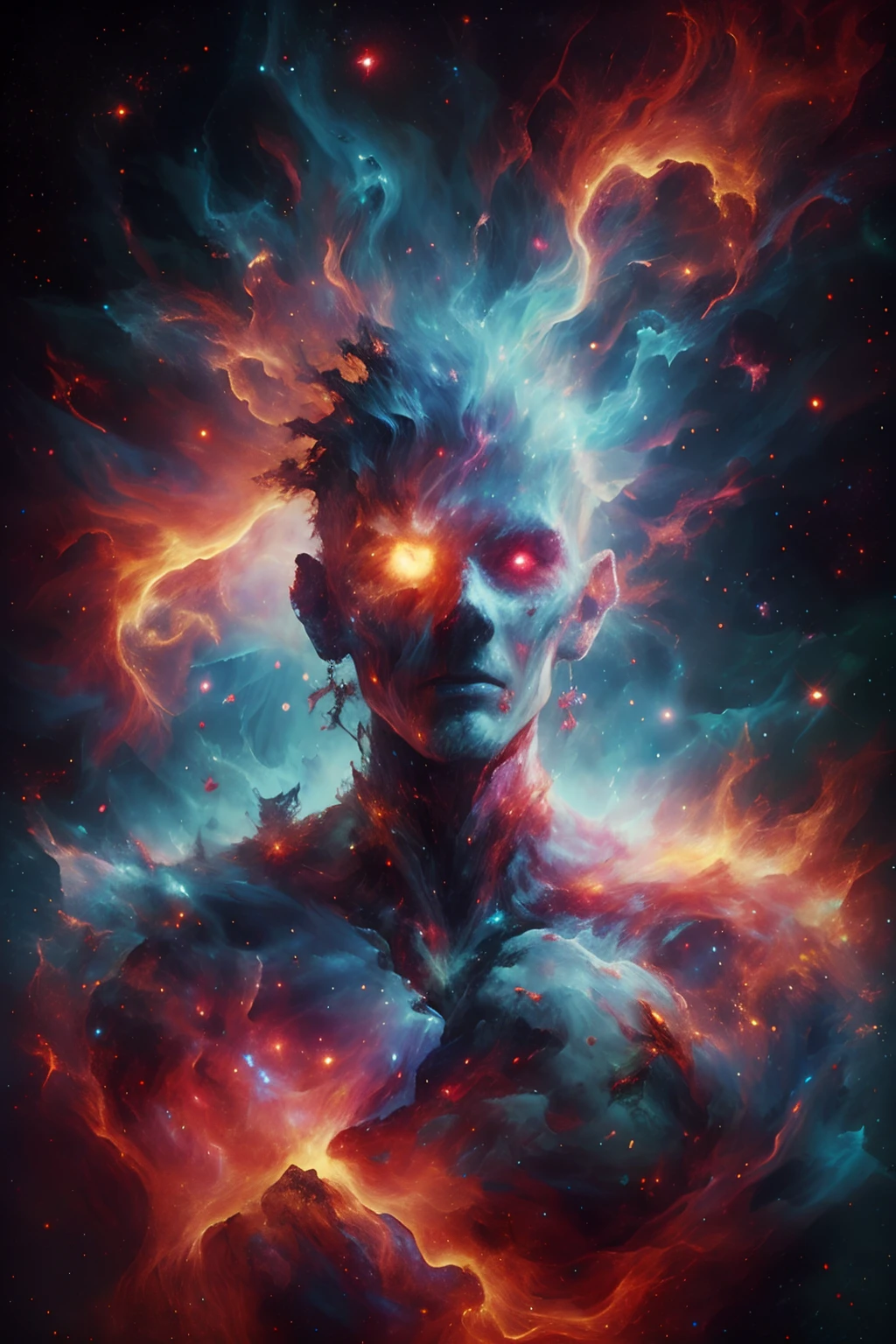Surreal and abstract digital artwork featuring a humanoid figure with a fragmented face. The figure has a pale, almost grayish skin tone with red, glowing eyes that give an eerie and otherworldly appearance. The face appears to be cracked and broken, with pieces floating away from the head. The background is a deep red color, adding to the intense and unsettling atmosphere of the piece. A thin, circular halo-like line surrounds the head, enhancing the surreal quality. The figure's hand is raised, with elongated fingers touching the chin in a contemplative pose. The name 'DéLyte' is written vertically in a subtle, light font on the left side of the image.anatomicamente correto, super detalhado, alta qualidade, 4K
