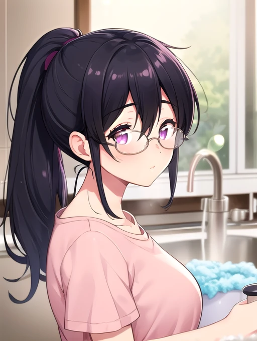 best quality, masterpiece, highres, detailed, digital artwork, <lora:Tools - add_detail:0.2>, MoritaEri, black hair, long hair, purple eyes, ponytail, pink shirt, glasses, kitchen, mature woman, <lora:Character - MoritaEri:0.8>, upper body, washing dishes, soap, bubbles,