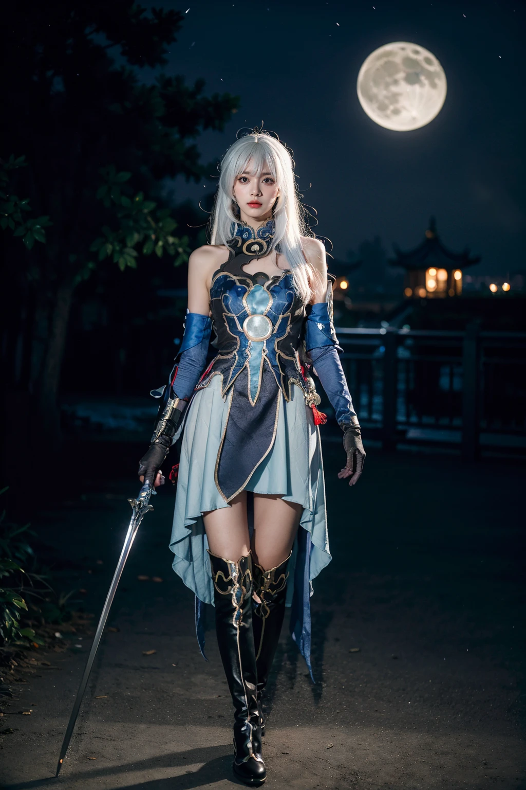 best quality, masterpiece, photorealistic, 1girl, solo, standing, looking at viewer, expressionless, closed mouth, jingliu cosplay, jingliu, cosplay, white hair, long hair, bare shoulders, detached sleeves, gloves, dress, thigh boots, boots, full body, chinese garden, (night:1.4), moon, holding sword, <lora:jingliu_cosplay_v2:0.65>