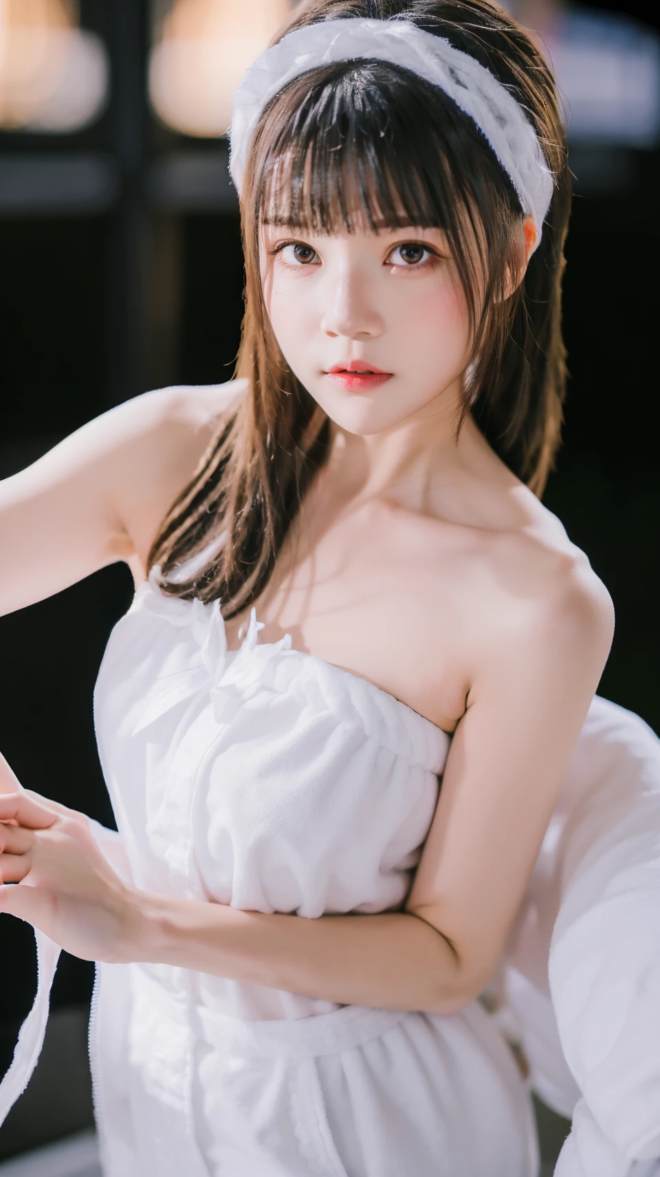 ((Black Choker)), (8k, Best Quality, Masterpiece: 1.2), (Realistic, Photorealistic: 1.37), Ultra Detail, Best Quality, Ultra High Resolution, Professional Lighting, Photon Mapping, Radiosity, Physically Based Rendering, Cinematic Lighting, In the Ruins, Depth of Field, Focusing, Moonlight, Good Composition, (Bokeh: 1.2), 1 Girl, (Full Body), (mouth closed),beautiful eyes,pose,constriction,naked wedding dress,black hair,unkempt hair,long hair fluttering in the wind,(ulzzang-6500:1.2) mix4, hiqcgbody