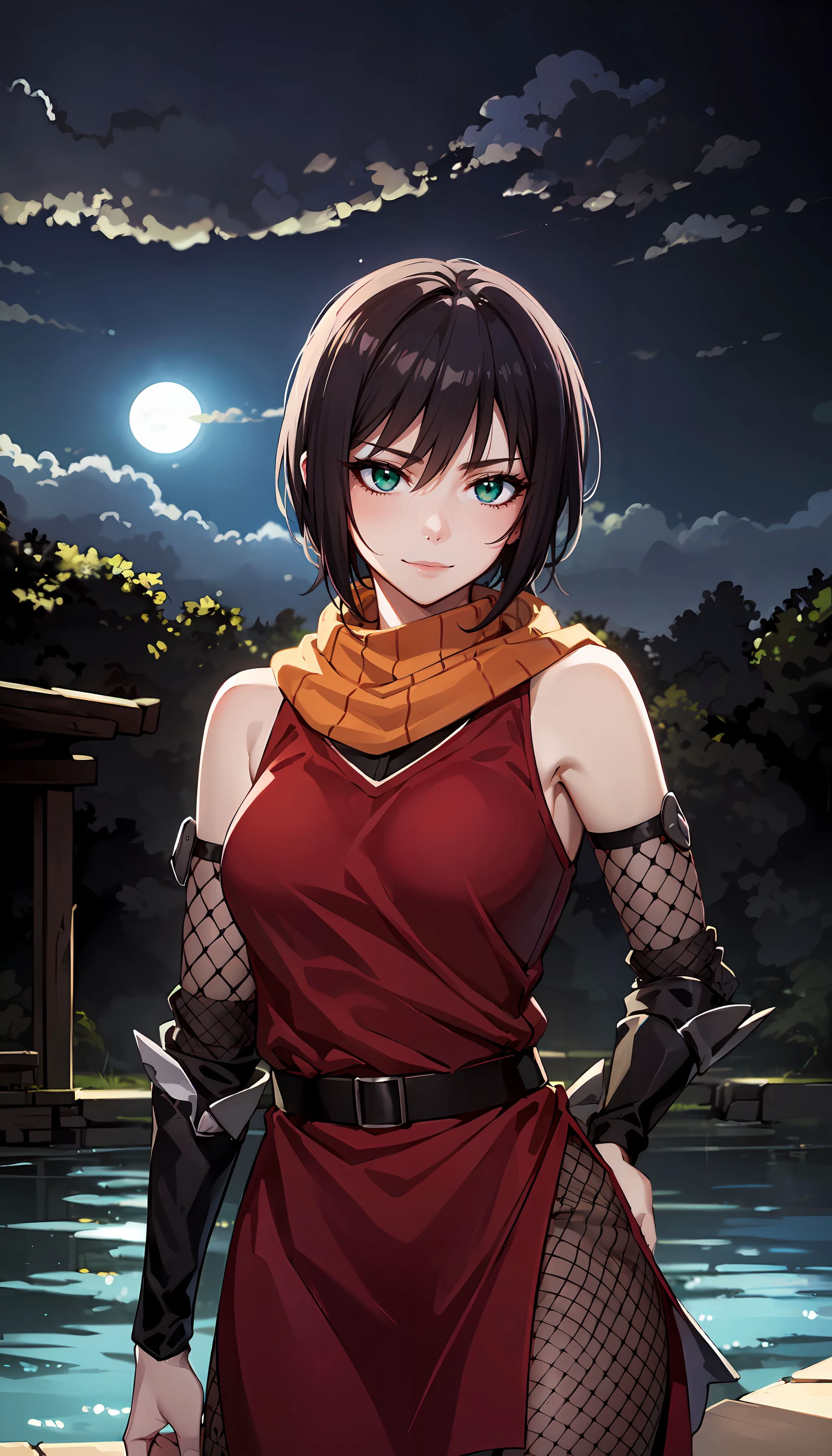 photorealistic, (4k), depth of field, (Masterpiece), (realistic skin texture), extremely detailed, intricate, hyper detailed, professional photography, bokeh, high resolution, sharp detail, best quality, girl, red dress, black belt, orange scarf, bare shoulders, detached sleeves, green eyes, short hair, brown air, fishnets, <lora:Souka-000003:0.7> , (illuminated only by moonlight:1.5), cloudy sky, moonlight through clouds,