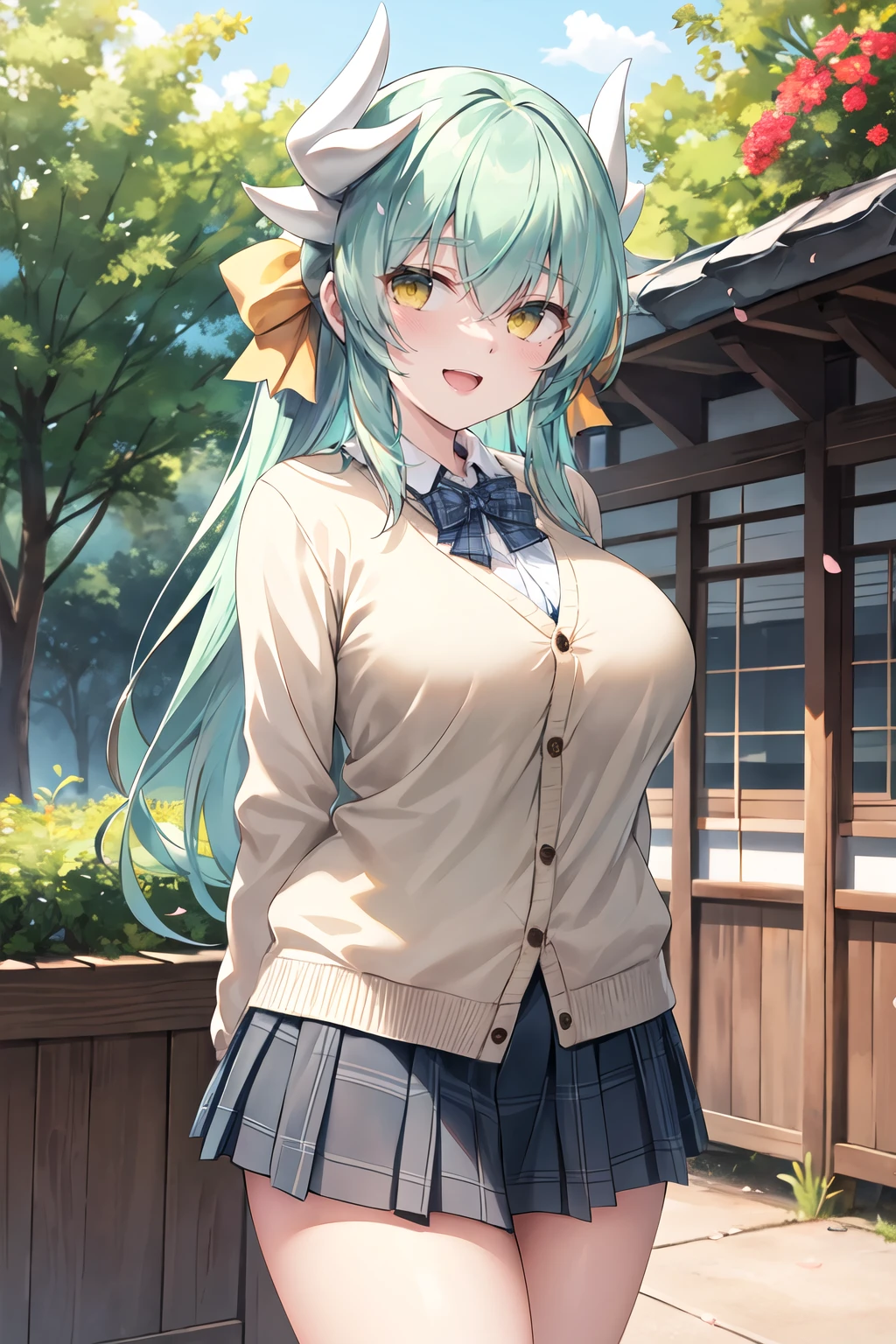 masterpiece, best quality, highres, aakiyo, long hair, aqua hair, white horns, hair bow, yellow bow, yellow eyes, <lora:kiyohime_(lancer)_v1:0.7>, cardigan, plaid skirt, arms behind back, smile, open mouth, petals, outdoors, big breasts <lora:oniharigusa-Style_464276:1>