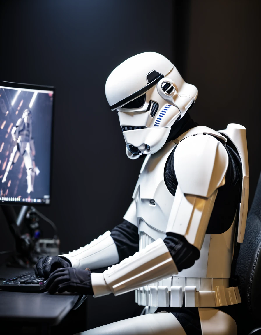 A photo of a (stormtrooper:1.3), playing CS:GO, in front of a gaming PC setup, (intense focus:1.2), wearing a white armor, with computer screen reflecting on helmet visor, keyboard and mouse in view, modern gaming chair, dimly lit room, Star Wars-themed peripherals, in-game graphics visible, 4K resolution, detailed texture of armor, sharp contrast, vibrant screen colors, Canon EOS 5D Mark IV, 1/125s, f/4, ISO 800, action-packed environment, gaming in a galaxy far, far away,