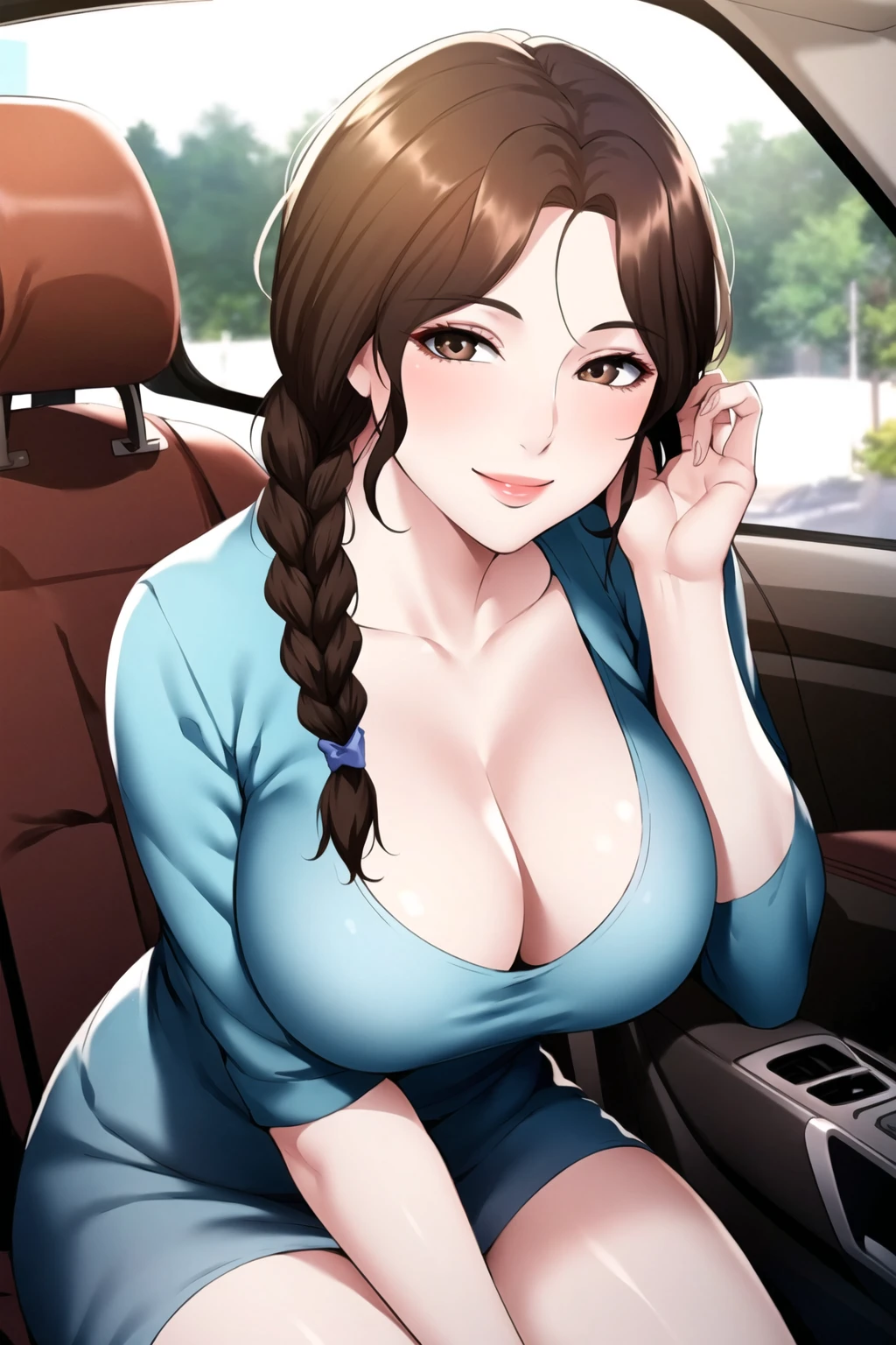 (8k, RAW photo, best quality, masterpiece:1.2),
1girl,solo,mature female,brown hair,single braid,large breasts, cleavage,sitting,smile,leaning forward, 
sitting in the car,
looking at viewer,
 <lora:meijing:0.6>