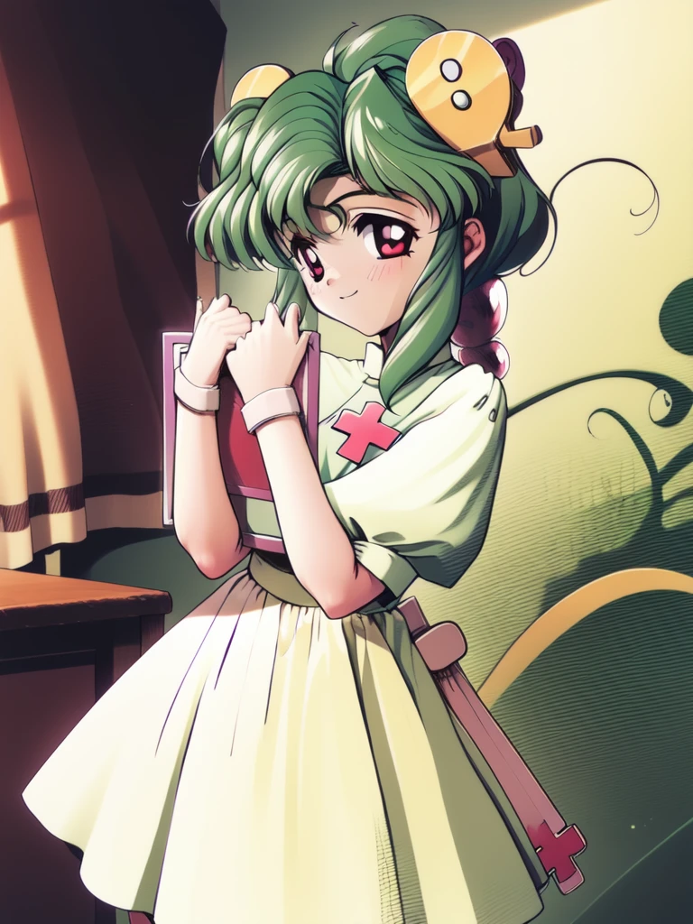 <lora:plum:1>, plum, 1girl, solo, long hair, green hair, red eyes, hair ornament, Yellow screw, hair bobbles, jewel,
1girl, solo, green hair, long hair, retro artstyle, 1990s (style), clipboard, red eyes, holding, high heels, nurse, dress, smile, ponytail, cowboy Shot,
hospital in the room,
masterpiece, high quality, very_high_resolution, large_filesize, full color,