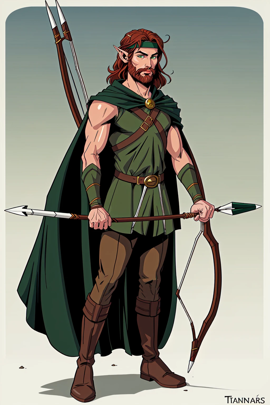 Tanis Half-Elven, solo, 1boy, pointy ears, auburn hair, green eyes, headband, holding, weapon, male focus, facial hair, beard, boots, cape, bow and arrow, elf ranger, <lora:Tanis_HalfElven:0.4>