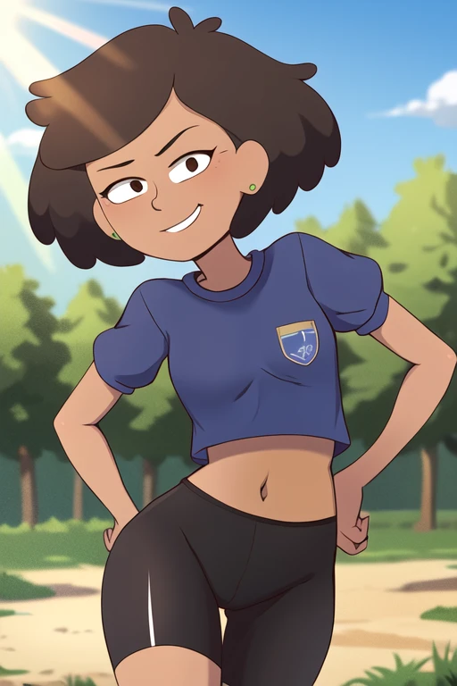 masterpiece, best quality, <lora:mrs_boonchuy:0.8> 1girl, solo, brown hair, short hair, earrings, dot pupils, looking at viewer, smile, dark skin, outdoors, forest, sunlight, white crop top, short sleeves, black sleeves, bike shorts, (pelvic curtain:1.2), hands on hips, navel,