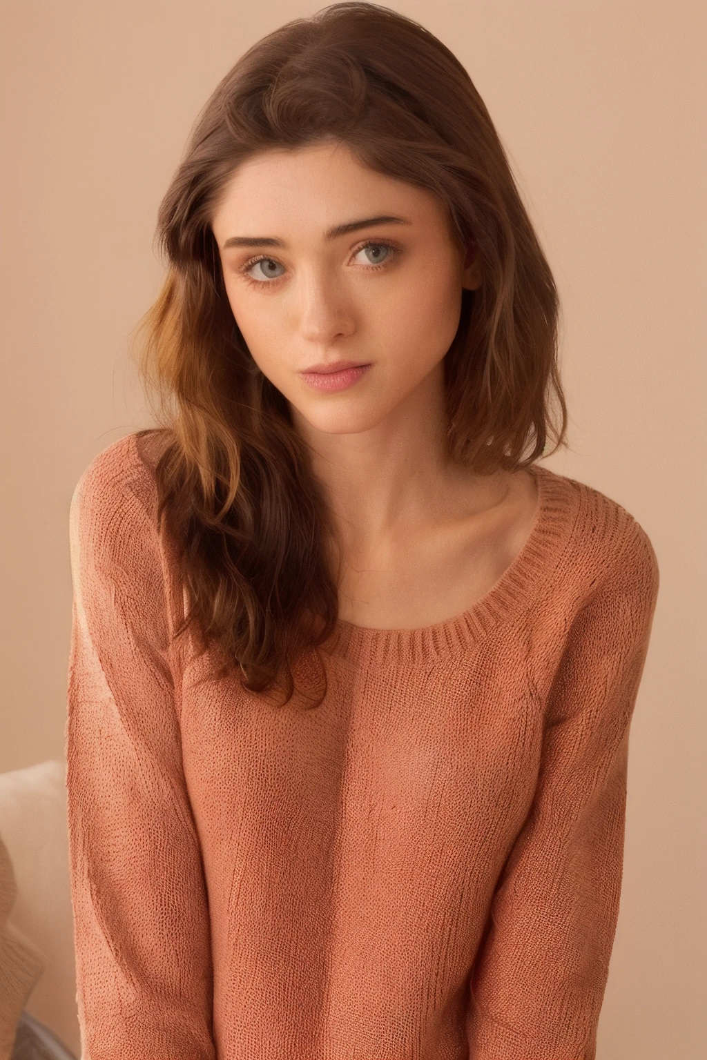 , upper body photo of <lora:KallieKurudzhy_v1:.9> KallieKurudzhy, focus on face, wearing a thin sweater , her light amethyst color hair is styled as wind-swept hair,