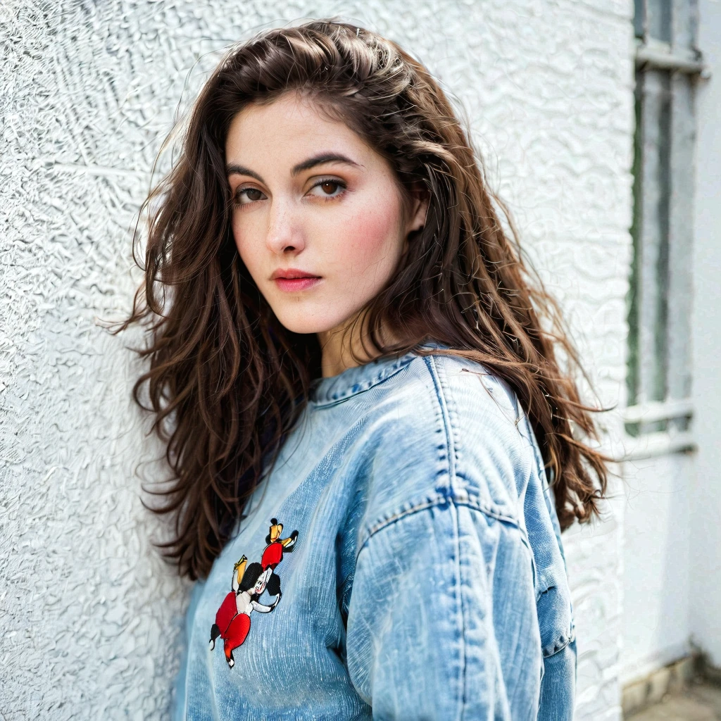 analog style, modelshoot style, portrait of Claire Chust, wearing 80s Sweatshirts and Vintage Denim Jeans , pale Skin, (light freckles:0.3), sad, Long black Hair, slim, dynamic pose, sunlight, hair light, bold, bright colours, detailed eyes, 