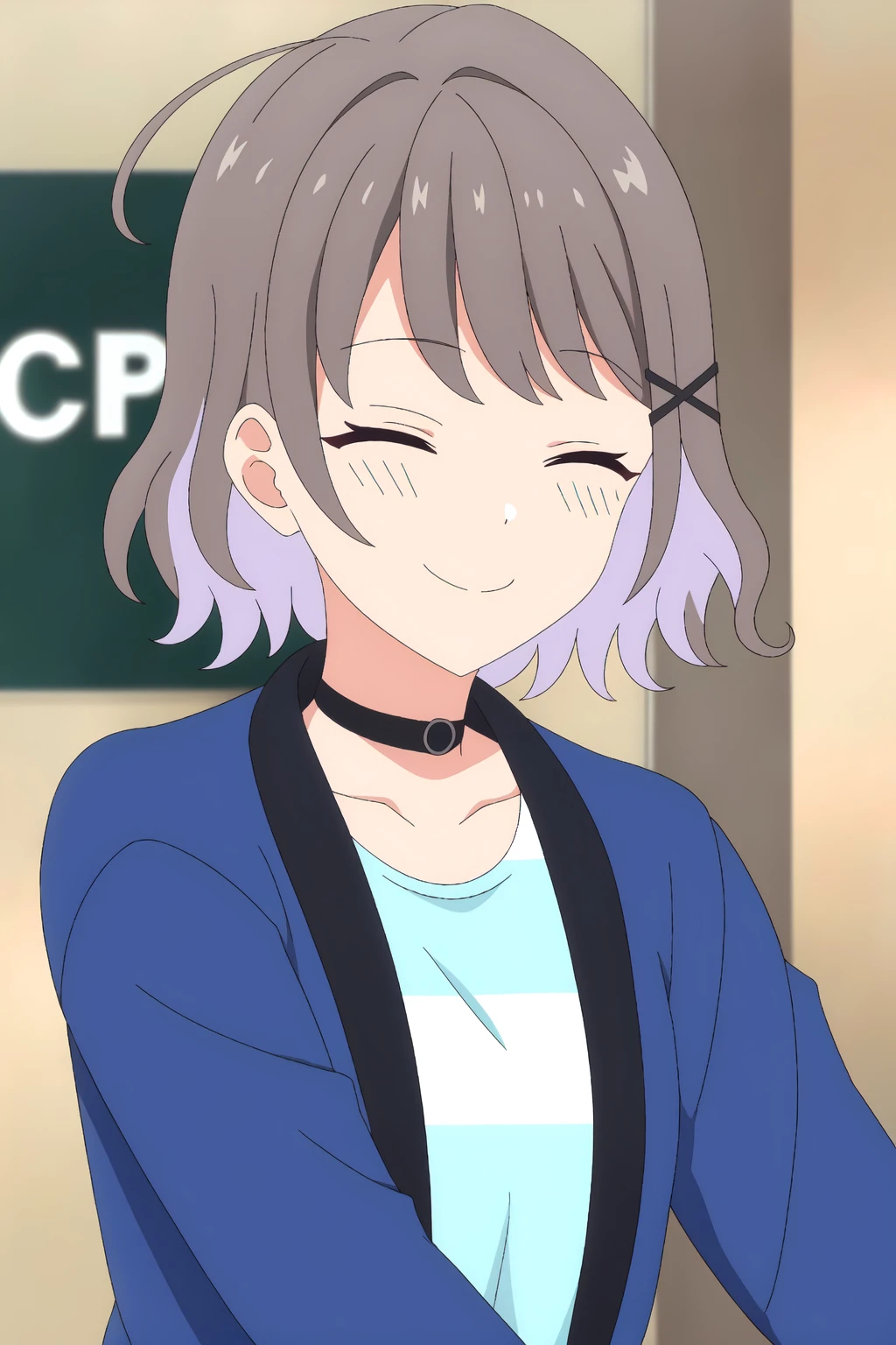 ((best quality)),((highly detailed)),masterpiece,absurdres,detailed face,beautiful face,(detailed eyes, deep eyes),(1girl),((dynamic pose)),<lora:AkariV1:0.7>, Akari, 1girl, closed eyes, solo, smile, virtual youtuber, holding, black choker, choker, short hair, hair ornament, brown hair, multicolored hair, x hair ornament, collarbone, long sleeves, closed mouth, upper body, bangs, bag, facing viewer, ^_^, ahoge, jacket, grey hair, striped, purple hair, hair intakes, hairclip, streaked hair, black collar, two-tone hair, colored inner hair, indoors