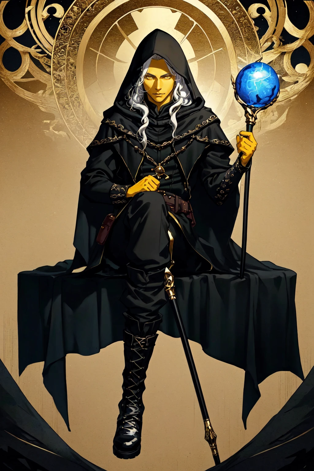 Raistlin Majere, 1boy, male focus, solo, colored skin, yellow skin, long hair, long sleeves, holding, sitting, white hair, male focus, boots, hood up, black cloak, black footwear, staff <lora:RaistlinMajere:0.8>