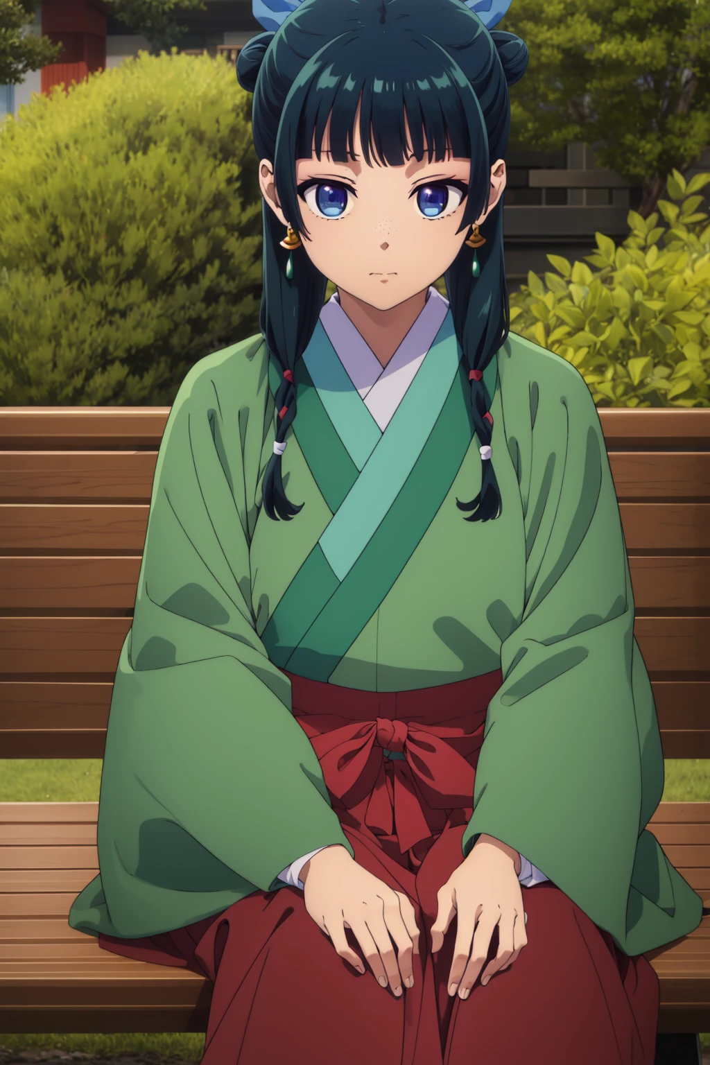 masterpiece, best quality, highly detailed, 1girl, solo, maomao, dark green hair, green kimono, hair ribbon, long sleeves, medium hair, blue eyes, blunt bangs, hair ornament, (freckles:0.5), japanese clothes, kimono, long sleeves, twintails, earrings, hair bun closed mouth, looking at viewer, (red skirt:1.1), long skirt, sitting, outdoor, sitting in bench, day, flowers, <lora:maomao-08:1>