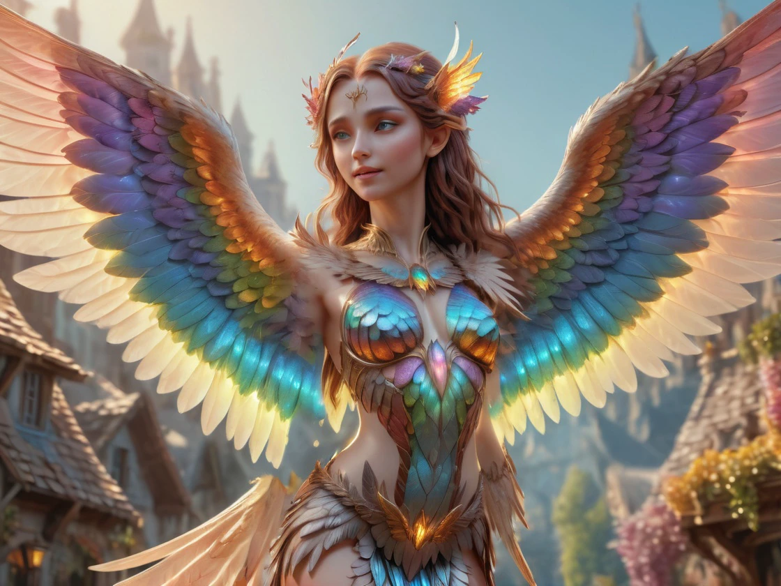 photo of Stunning beautiful, <lora:Mythical_Creature_Siren:1>    sirnwobrd, wings closed in a fantasy village, no arms (best quality, masterpiece, colorful, highest detailed), ultra detailed, (intricate details, hyperdetailed:1.15), detailed, (official art, extreme detailed, highest detailed, 8k), soft nature lights, soft colors, (natural light, ray tracing, cinematic lighting, bloom, volumetric light),