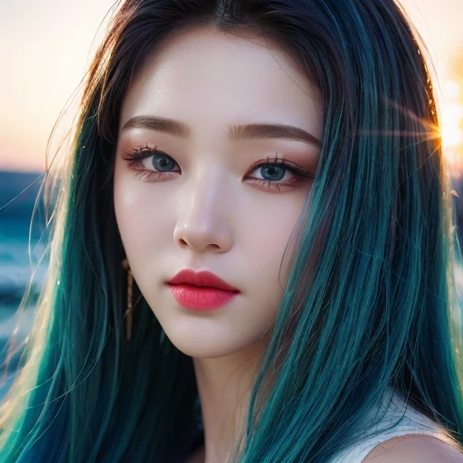 Long windblown [blue-black:.3] hair,looking at viewer, (masterpiece:1.3), (8k, photorealistic, RAW photo, best quality: 1.4), korean, (1girl), beautiful face, (realistic face), (blue hair, long hair:1.3), beautiful hairstyle, realistic eyes, beautiful detailed eyes, (realistic skin), beautiful skin, attractive, ultra high res, ultra realistic, highly detailed, golden ratio, smiling