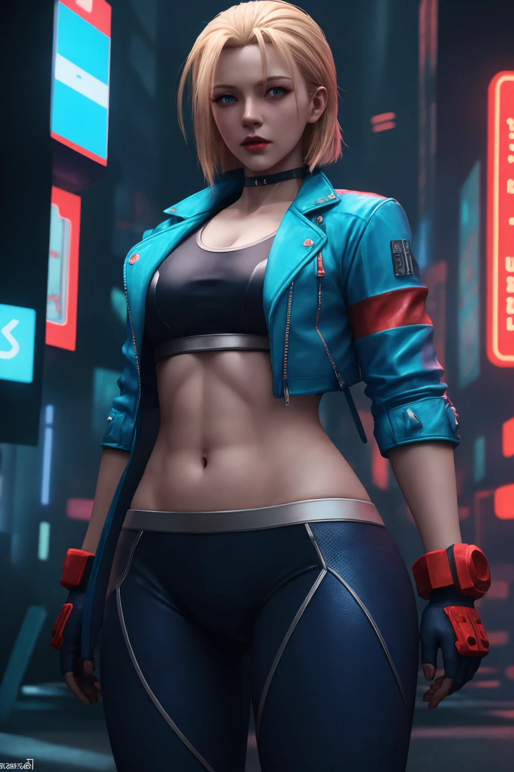 ((best quality)), absurdres, ((ultra high res)), cyberpunk, cammy white, a woman with a blue jacket and red gloves, extremely detailed, 8k, masterpiece, realistic skin texture, <lora:cammy-20:0.8>