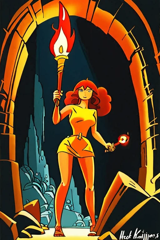 Comic panel illustration of franka, a woman holding a torch in a cave by Henk Kuijpers <lora:Henk_Kuijpers_Franka_Style_XL>