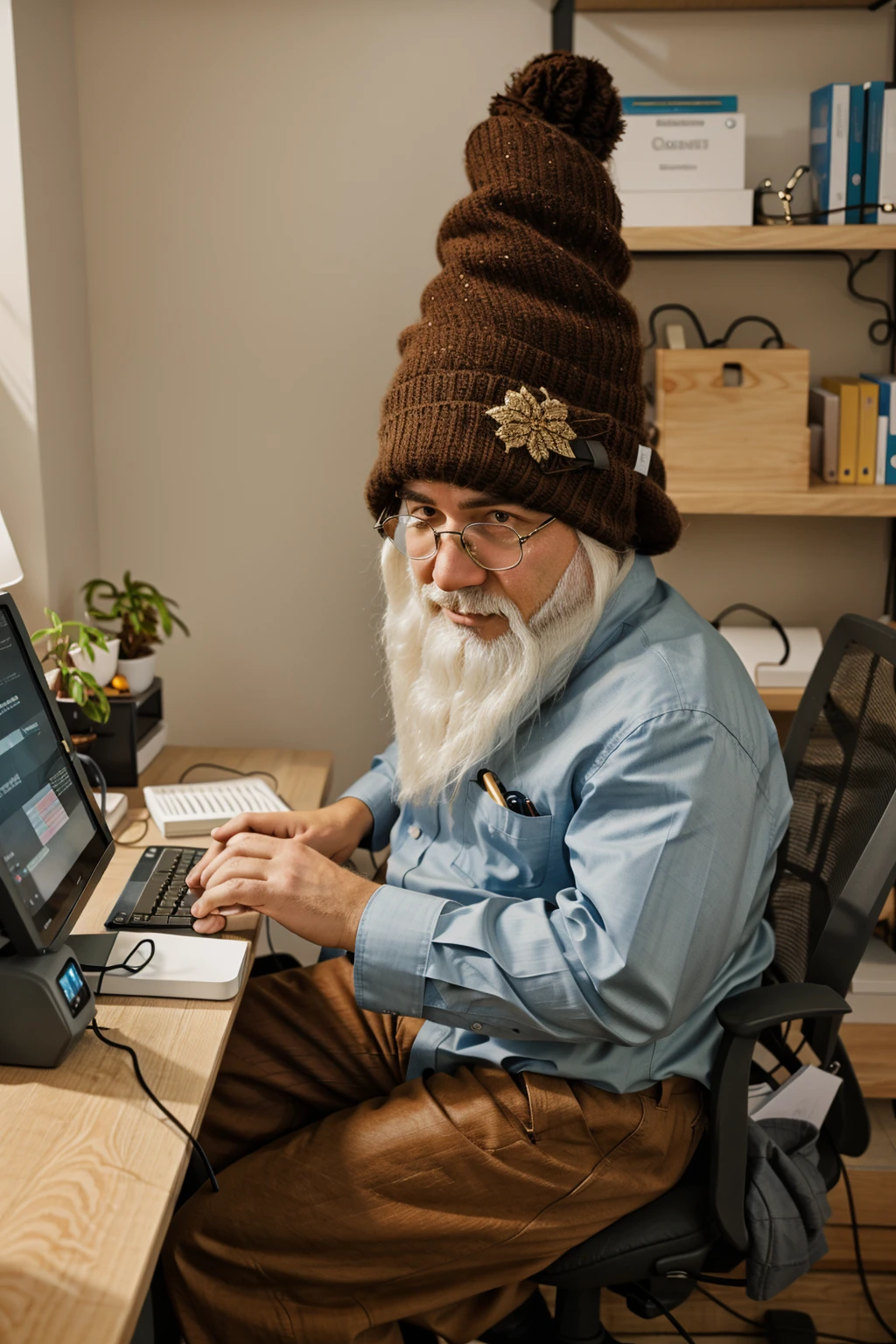 wichtel sitting at a computer in his office <lora:Wichtel-000004:0.8>