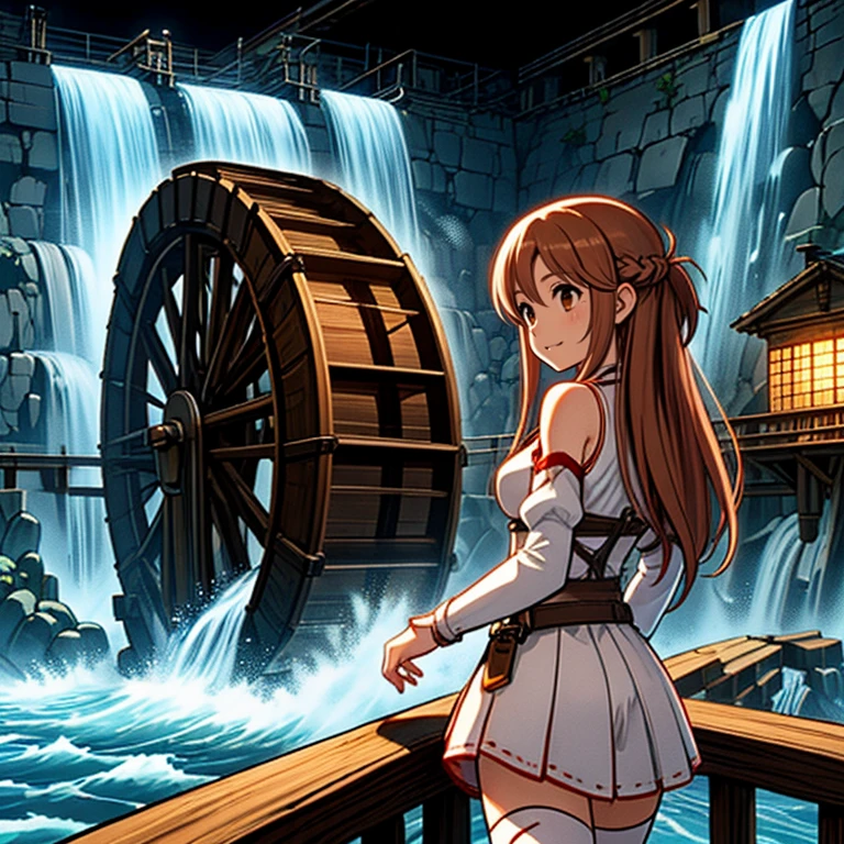 <lora:LCM_LoRA_Weights_SD15:1>,masterpiece,best quality,highly detailed,1girl,solo,
<lora:asuna_(sao)_v1:0.7>,aaasuna,long hair,brown hair,braid,brown eyes,bare shoulders,armor,breastplate,white sleeves,detached sleeves,red skirt,pleated skirt,white thighhighs,
BREAK
<lora:waterDungeon2:0.4>,waterWheel,(((wooden water wheel in waterfall,water wheel))),waves,waterfall,looking afar,from behind,railing,hand on railing,grin,sweat,sweatdrop,light smile,electricity,glowing electric plant,