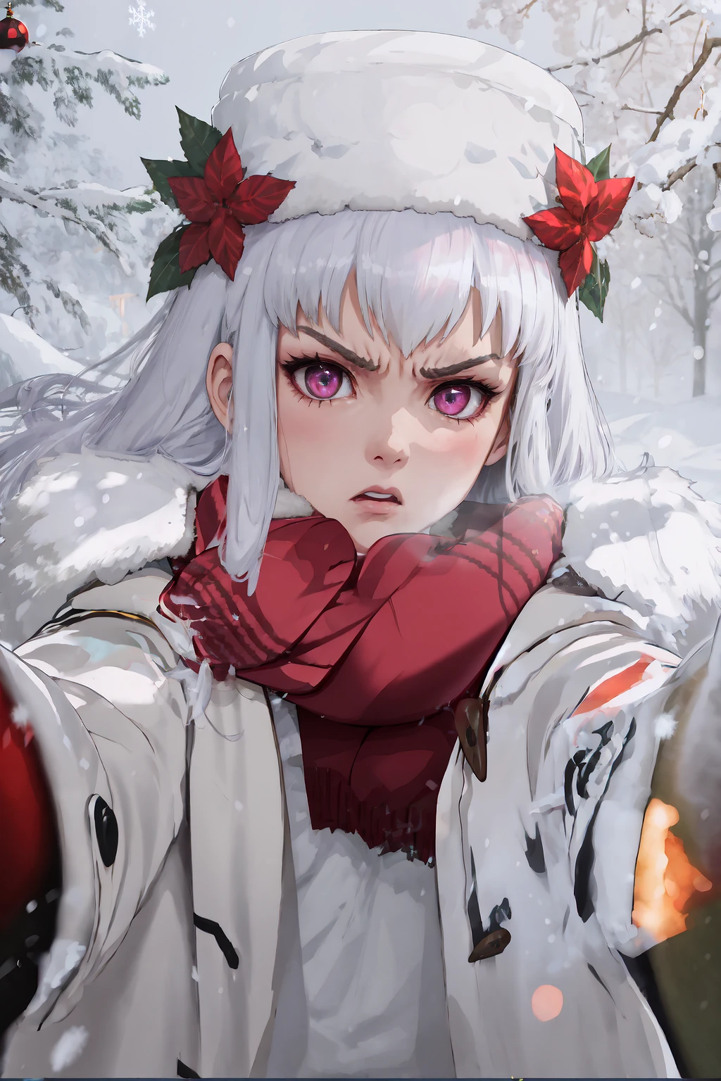 IncrsChkWarmingMeme, <lora:PovCheekWarmingMemeV2:1>, winter clothes, red scarf, breath, reaching towards viewer, lysitheawinter, christmas, fur trim, long sleeves, fur-trimmed cape, <lora:Char_FireEmblem_Lysithea:1>, angry,
