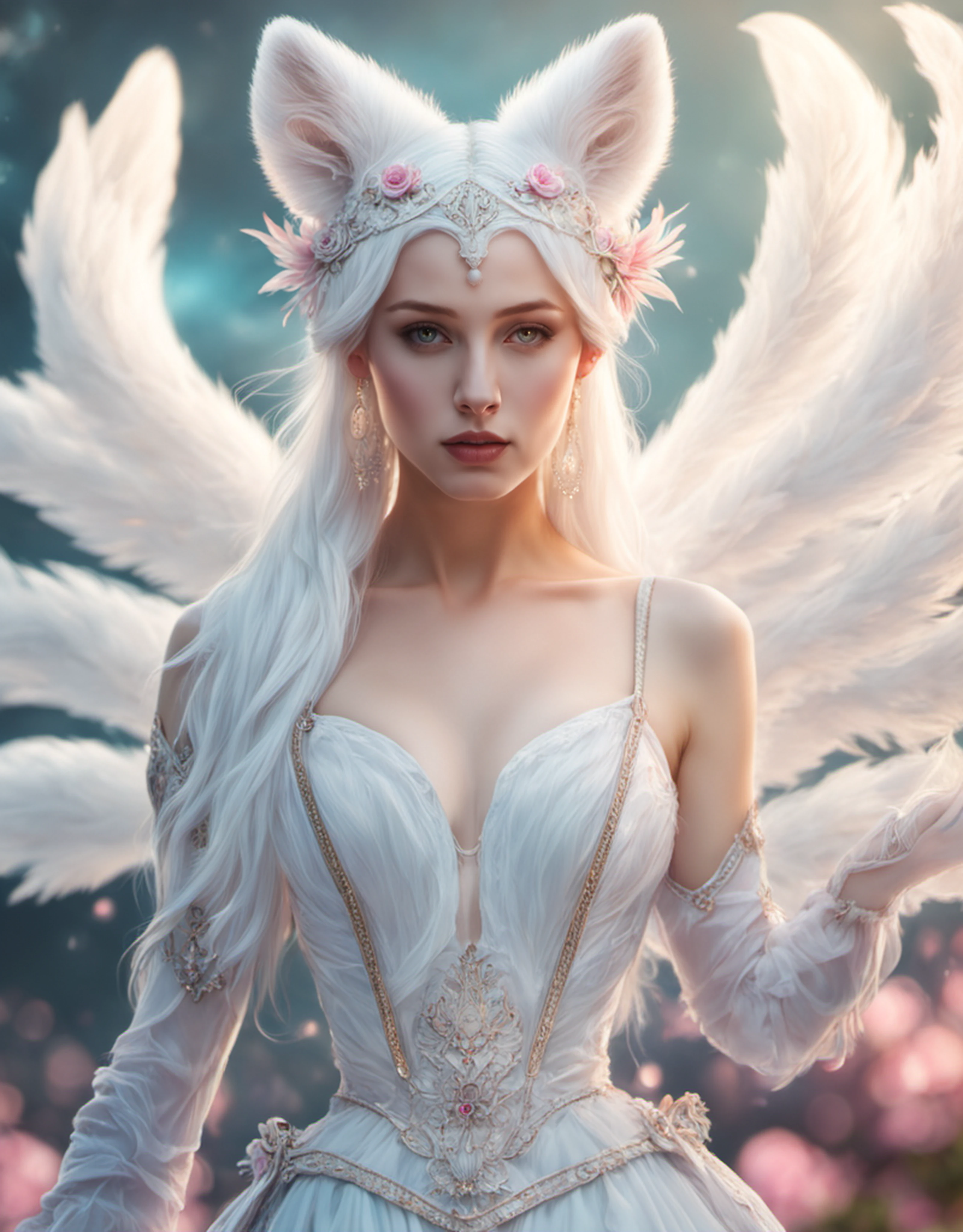 beautiful photo of goddess,  a woman with  9  white  tails ((gumiho)) ((nine tailed white fox)) fox tail,fox ears,beautiful dress, very cute faces ((half body view)) in a beautiful garden, cosmic background,looking at the viewer,white smoke , (cinematic pose) aurora background, perfect face perfect hands,detailed symmetric circular iris, love magic, beautiful sky realistic, stunning realistic photograph, 3d render, octane render, intricately detailed, cinematic, Isometric, fantasy theme, mystical, deviant art masterpiece, crimson eyes, colour grading, light illustration, extreme quality, extremely detailed, ultra-detailed face, ultra hd 8k,pink lightning, concept art, hyperdetailed, triadic colours, fantastical, intricate detail, splash screen, complementary colours, fantasy concept art, 8k resolution, soft lighting, film photography, film grain, hyperrealist   <lora:Mr_Fox Spirit:1>