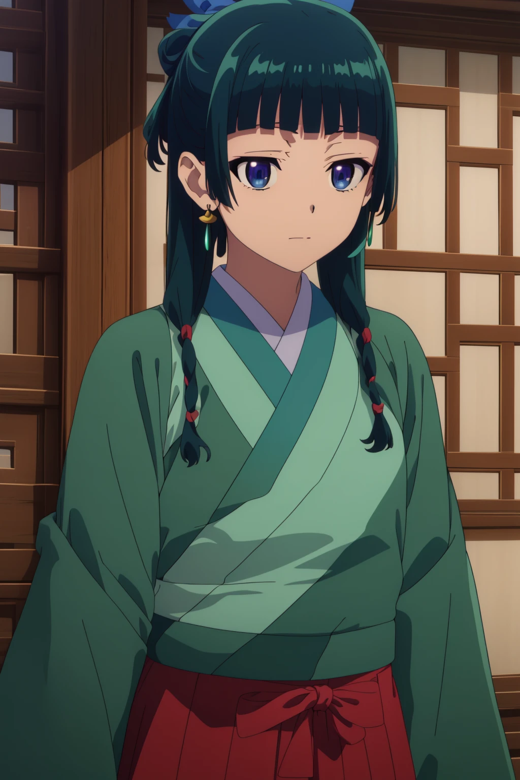 masterpiece, best quality, highly detailed, (anime:1.3), 1girl, solo, maomao, dark green hair, (freckles:0.5), hair bun, hair ribbon, twintails, medium hair, blue eyes, blunt bangs, hair ornament, long sleeves, earrings, red skirt, long skirt, green kimono, <lora:maomao-08:1>