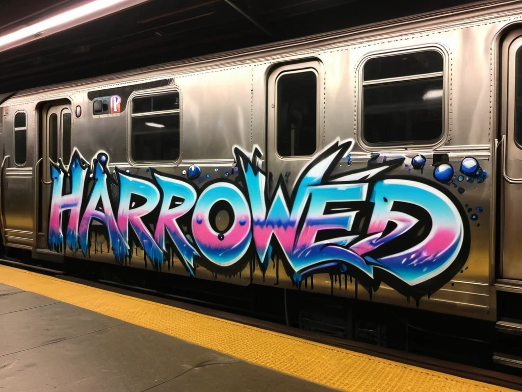 "HARROWED" text logo <lora:Harrlogos_v2.0:0.69> ral-oilspill graffiti thick black outlines, calygraphic wildstyle ral-oilspill bombing, thick lines <lora:ral-oilspill-sdxl:0.48> a new york subway train, standing in the yard in a the dark with rubbish on the floor, at night, dim light