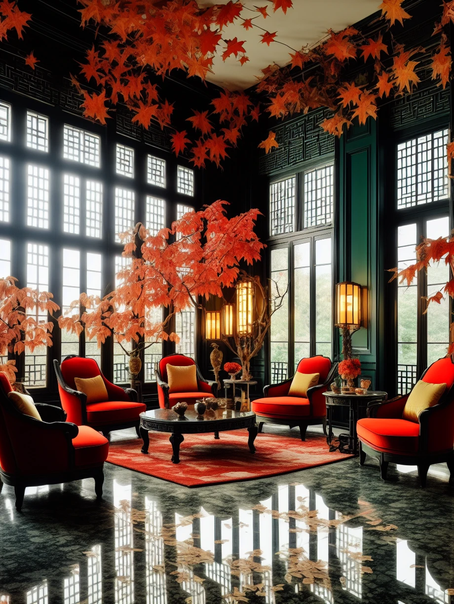 French Chinese style,no humans,scenery,window,reflection,couch,table,tree,indoors,lamp,chair,autumn leaves,reflective floor,leaf,restaurant,plant,<lora:JustinFrenchChinesestyle:0.7>,