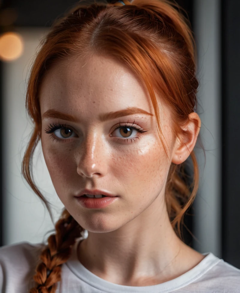 photo,8k,sharp focus,beautiful woman,close up,t-shirt,(detailed eyes:0.8),(looking at the camera:1.4),(highest quality),(best eyeshadow),brown eyes,rim lighting,two tone lighting,dimly lit,low key,intricate details,interior,ponytails,ginger hair:1.3,open mouth:0.7,freckles, <lora:HelenS:1> <lora:x4-upscaler-ema:1>