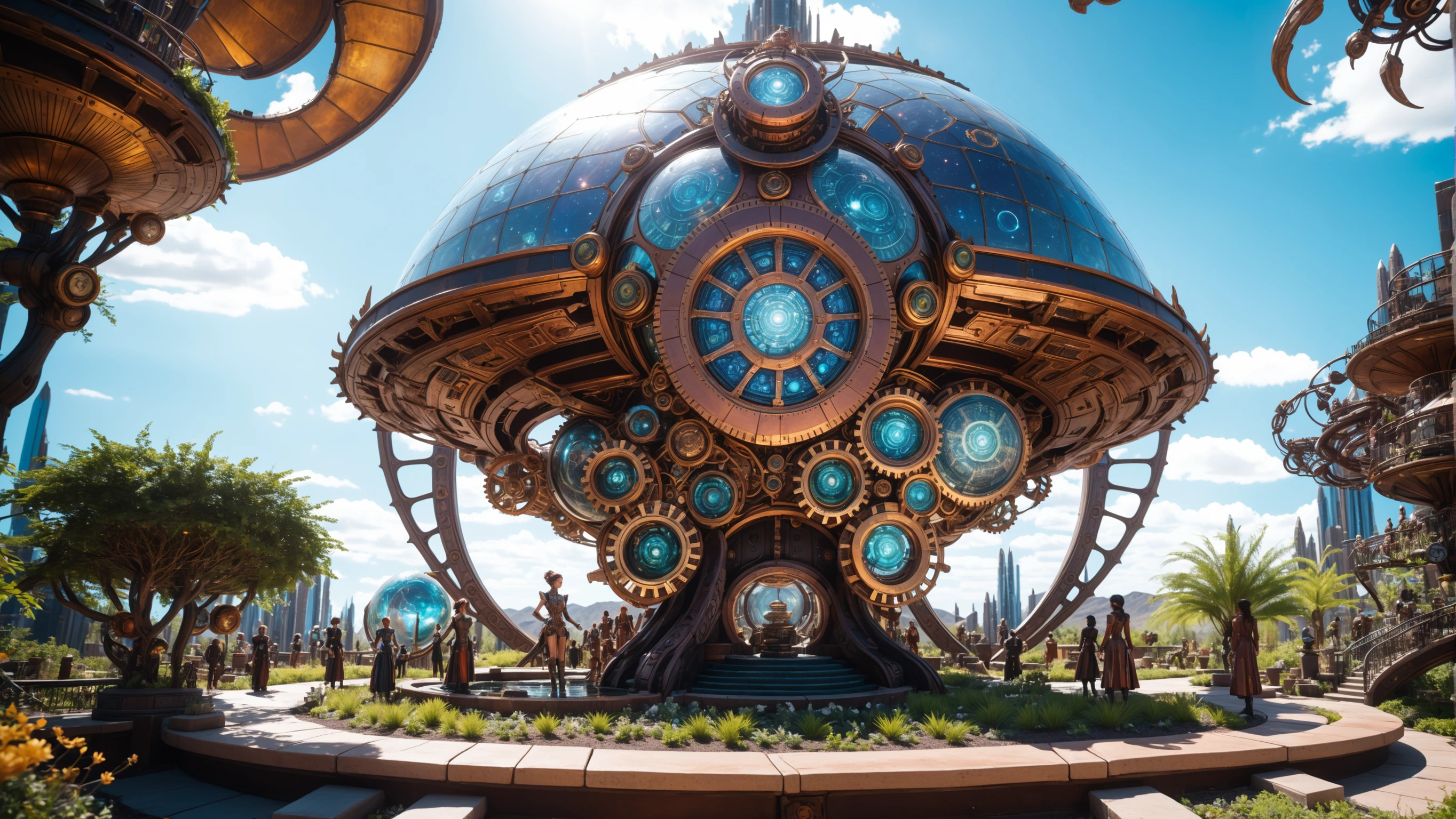 promotional still, 18mm lens, cinematic color grading, steampunk, scifi, sculpture garden in a epic fantasy arcology edge of the universe, masterpiece<lora:EnvyFractalismXL01:1.3>